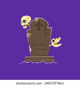 Cartoon halloween scary characters human skeleton and its loyal dog skeleton emerge from the old cracked tombstone on graveyard. Vector creepy scene with terrifying personages at haunting grave stone