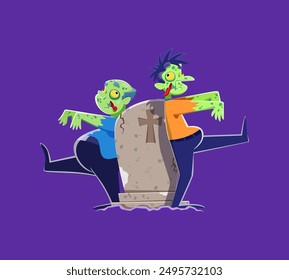 Cartoon Halloween scary characters near tombstone. Vector scene of creepy personages with rotting flesh, eerie eyes, raised arms and tattered clothes near a grave stone, exuding a spine-chilling aura