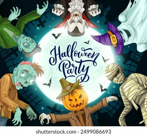 Dibujos animados de personajes de miedo de Halloween en el cementerio. Vector zombi, espantapájaros, momia, vampiro de Drácula y fantasma en sombrero de bruja de pie en círculo en el fondo del cielo nocturno iluminado con luna llena, vista inferior