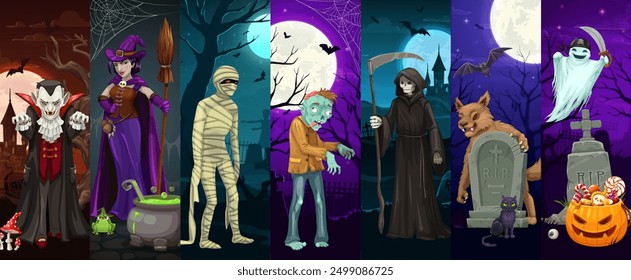 Cartoon Halloween scary danger characters. Vector collage with spooky monsters of horror night holiday. vertical cards with zombie and mummy, grim reaper, witch or vampire, werewolf, ghost at cemetery