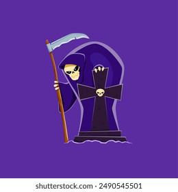 Caricatura de Halloween aterrador personaje de la muerte cerca de la lápida. Vector siniestro, esquelético Grim Reaper, cubierto con una túnica, sosteniendo guadaña se para amenazadoramente al lado de una cruz curtida, encarnando la espeluznante esencia