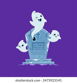 Cartoon Halloween scary ghost characters near tombstone. Vector adorably spooky phantoms giggling by a grave stone, radiate charm among eerie mist, their spectral cuteness defying the darkness