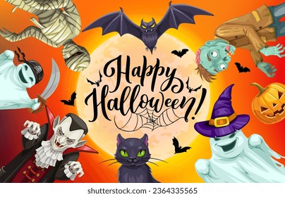 Cartoon Halloween scary holiday characters at midnight moon sky, vector spooky monsters. Happy Halloween horror night ghost in witch hat, pumpkin lantern and vampire with dead zombie, mummy and bats