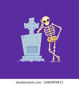 Cartoon Halloween scary skeleton character near tombstone. Vector scene reveals a scary human skeleton leaning ominously against a grave stone on the night cemetery, evoking eerie, spine-chilling vibe