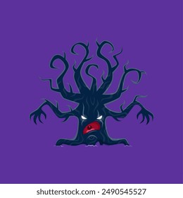 Caricatura de Halloween carácter de árbol de miedo. Personaje aislado de la planta monstruo espeluznante del Vector con la corteza agrietada, extremidades y raíces agrietadas, ojos espeluznantes, cara horrible, brazos de la rama con garras largas y afiladas