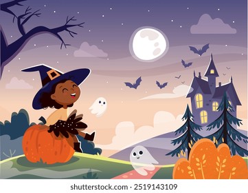 Cartoon Halloween scene. Little witch sitting on a pumpkin. Night halloween landscape with dark house, ghousts, bats flying, scary trees.