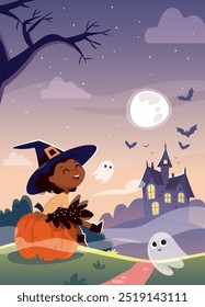 Caricatura de Halloween. Pequeña bruja sentada en una calabaza. Paisaje de noche de halloween con casa oscura, fantasmas, murciélagos volando, árboles de miedo.