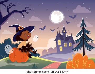 Cena do Halloween de desenhos animados. Pequena bruxa sentada em uma abóbora. Paisagem de Halloween da noite com casa escura, fantasmas, morcegos voando, árvores assustadoras.