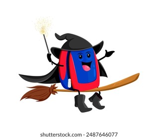 Dibujos animados Halloween bolsa de la escuela imagen, mago y personaje de bruja. Mochila caprichosa aislada de Vector, vestida con un traje de brujo con un sombrero puntiagudo, agita una varita mientras monta alegremente un palo de escoba