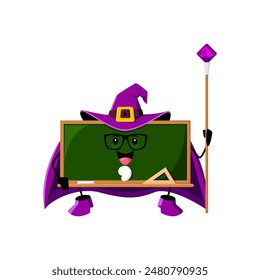 Cartoon Halloween school blackboard mage, wizard and witch character. Isolated vector whimsical chalkboard personage in costume with a magical staff, ready to enchant classroom with knowledge and fun