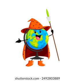 Cartoon halloween school globe stationery mage, wizard and witch character. Isolated vector whimsical personage, in a wiz costume with a staff, brings enchantment to geography lessons, casting a spell