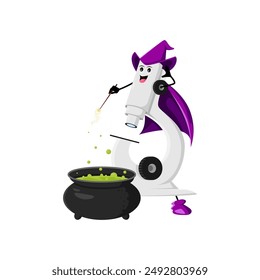 Cartoon Halloween school microscope mage, wizard and witch character. Isolated vector laboratory warlock personage with a magical wand and cauldron, casting enchantment spells of science and discovery