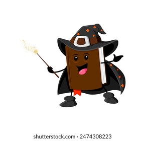 Cartoon Halloween school textbook mage, wizard and witch character in pointy hat, clutching magical wand. Isolated vector book personage ready to enchant readers with knowledge and spellbinding tales