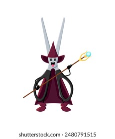 Cartoon Halloween scissors school stationery mage, wizard and witch character. Isolated vector mischievous personage in a wiz costume, brandishes a magical wand. Whimsical sharp and enchanting shears