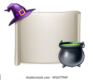 A cartoon Halloween scroll sign background with a wizard or witchs hat and a magic cauldron