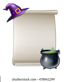 A cartoon Halloween scroll sign with a wizard or witchs hat and a magic cauldron