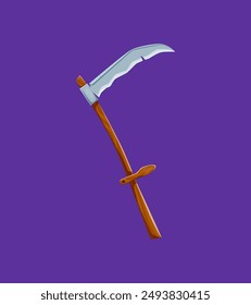 Cartoon Halloween scythe. Isolated vector sinister and sharp tool, embodies the spirit of the harvest season. With its long, curved blade, it symbolizes the transition from life to the afterlife