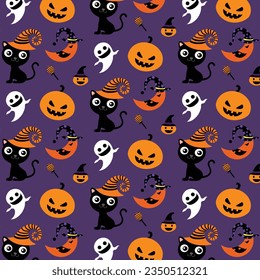 Cartoon Halloween Seamless Pattern Background, Halloween Elements, Pumpkin, cat, moon, ghost. Vector cartoon seamless pattern on purple background.