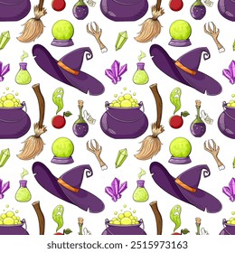 Cartoon Halloween nahtlose Muster. Besen, Trank, Hexenhut, vergifteter Apfel, magische Kristallkarikatur auf weißem Hintergrund. Comic-Vektordruck für Verpackung, Textil, Verpackung