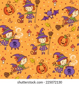 Cartoon Halloween seamless pattern with  funny witches, pumpkin, cat, bat, amanita.