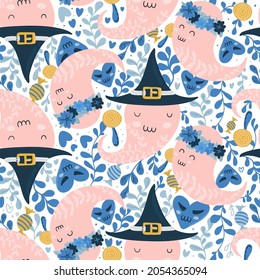Cartoon Halloween Seamless Pattern. Magic hand drawn doodle elemetns. 