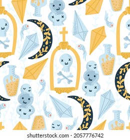 Cartoon Halloween Seamless Pattern. Magic hand drawn doodle elemetns. 