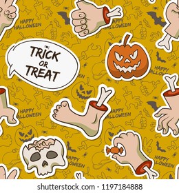 Cartoon Halloween seamless pattern with paper skull zombie arms leg creepy pumpkin caterpillar candy vector illustration