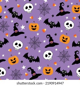 Cartoon Halloween Seamless Pattern. Skull, Bat, Pumpkin, Witch Hat. Spider Web, Candy Corn On Purple Background.