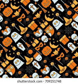 Cartoon Halloween seamless pattern with thin line icons: vampire, bat, pumpkin. Vector illustration for background of invitation card, party announcement. 