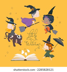 Cartoon Halloween Set with Cute Little Witches