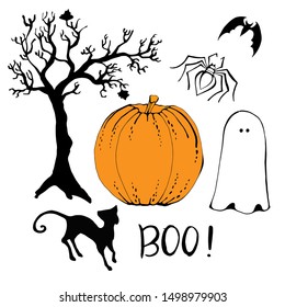 Cartoon halloween set. Ghost, bats, banner, pennant, spider, pumpkin, cat, witch hat isolated on white background Hand drawn Halloween objects