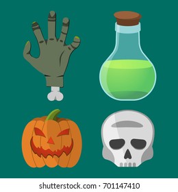 Cartoon Halloween set. Pumpkin, Hand, Skull, Flask. Vector illustration.