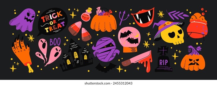 Conjunto de caricaturas de halloween de pegatinas de magia y brujería. Diseño de magia salvaje de los años 90. Elementos botánicos, cráneo, cartas, mano, ojo, poción. Colección de pegatinas de Vector retro