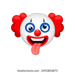 Cartoon Halloween sinister clown emoji character with a crazy foolish expression, squint eyes, and sticking tongue. Spine-chilling spooky emoticon for holiday messages, applications, and festivities