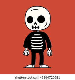 Cartoon halloween skeleton character. Cute human skeleton bones costume isolated on red background. Happy Halloween greeting card. Vector illustration.