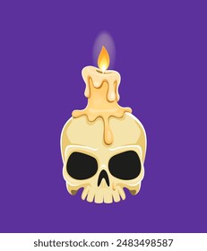 Cartoon Halloween skull with candle and melt dipping wax. Isolated vector occult or magic object. Creepy gothic antique cranium, scary lantern made of dead head. Dia de los Muertos item or decoration