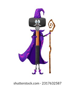 Cartoon Halloween sledgehammer or maul tool wizard character. Isolated vector sledge instrument wear cloak and hat with mischievous smiling face. Whimsical witchy beetle wields magic staff