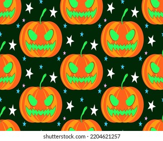 Cartoon Halloween Smiling Pumpkin Illustration With Colorful Star Background Designed for Kidswear and Print on Fabric Seamless Pattern