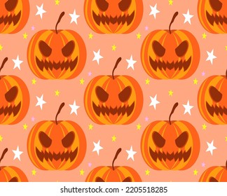 Cartoon Halloween Smiling Pumpkin Illustration With Colorful Star Background Designed for Kidswear and Print on Fabric Seamless Pattern