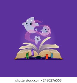 Libro de hechizos de Halloween de dibujos animados con fantasmas kawaii flotando sobre las páginas con marcadores de colores. Vector aislado grimoire con encantos lúdicos esperan dentro, perfecto para unas vacaciones encantadoramente espeluznantes