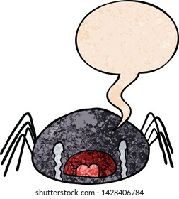 cartoon halloween spider crying with speech bubble in retro texture style