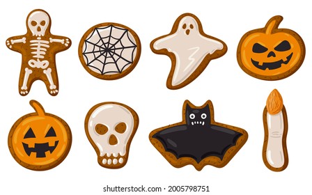 Caricatura Halloween espeluznantes galletas de jengibre, calabaza, calavera y fantasma. Pan de jengibre y espeluznante, halloween de calabaza y fantasma, ilustración vectorial