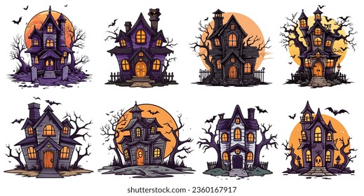 Cartoon halloween spooky Haus mit Fledermäusen und Mond, flach gefärbtes halloween Haus.