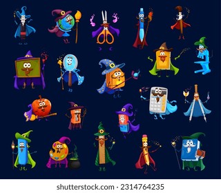 Cartoon Halloween stationery wizard, warlock, mage, sorcerer and witch characters. Vector school bag, glass, eraser, sharpener and globe. Textbook, pen, pencil case and compass, scissors and paints