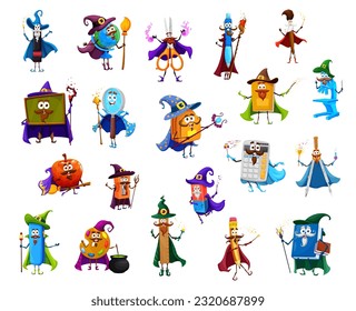 Cartoon Halloween stationery wizard, warlock, mage, sorcerer and witch characters. Vector school textbook, pen, backpack, pencil and calculator. Eraser, globe, compass, scissors and paints with apple