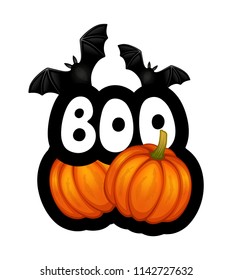 Cartoon Halloween sticker with word boo, two bats and two pumpkins. Vector illustration on a white background.