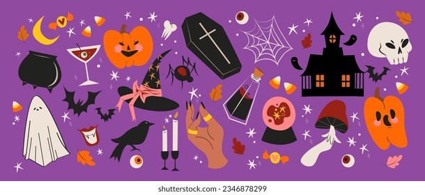 Cartoon-Halloween-Aufkleber im Groovy-Stil der 90er Jahre. Mummy, Hut, Katze, Sarg, Fledermaus, Geist, Kürbis usw., Halbluroelemente
