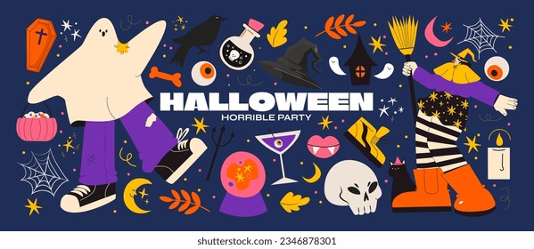 Cartoon halloween stickers in 90s groovy style. ghost character, hat, cat, coffin, bat, pumpkin, etc. retro halloween elements