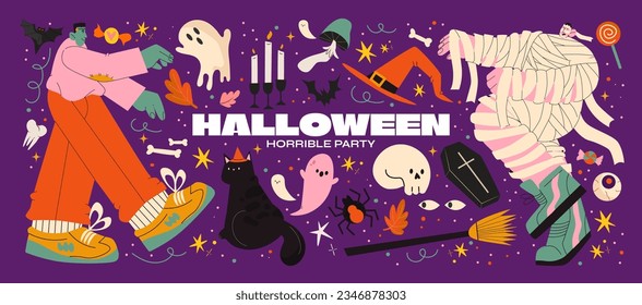 Cartoon halloween stickers in 90s groovy style. mummy character, hat, cat, coffin, bat, ghost, pumpkin, etc. retro halloween elements