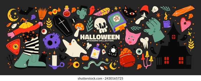 Cartoon halloween stickers in 90s groovy style. ghost character, hat, cat, coffin, bat, pumpkin, etc. retro halloween elements